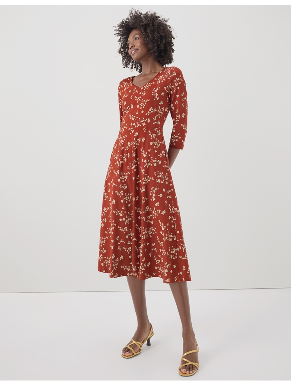Pact Fit & Flare Midi Dress Scattered Sprigs Tandoori Sz